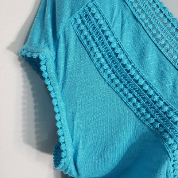 Relativity Womens Top Medium Teal V Neck Cap Sleeves High Low Peplum Crochet - Picture 4 of 10